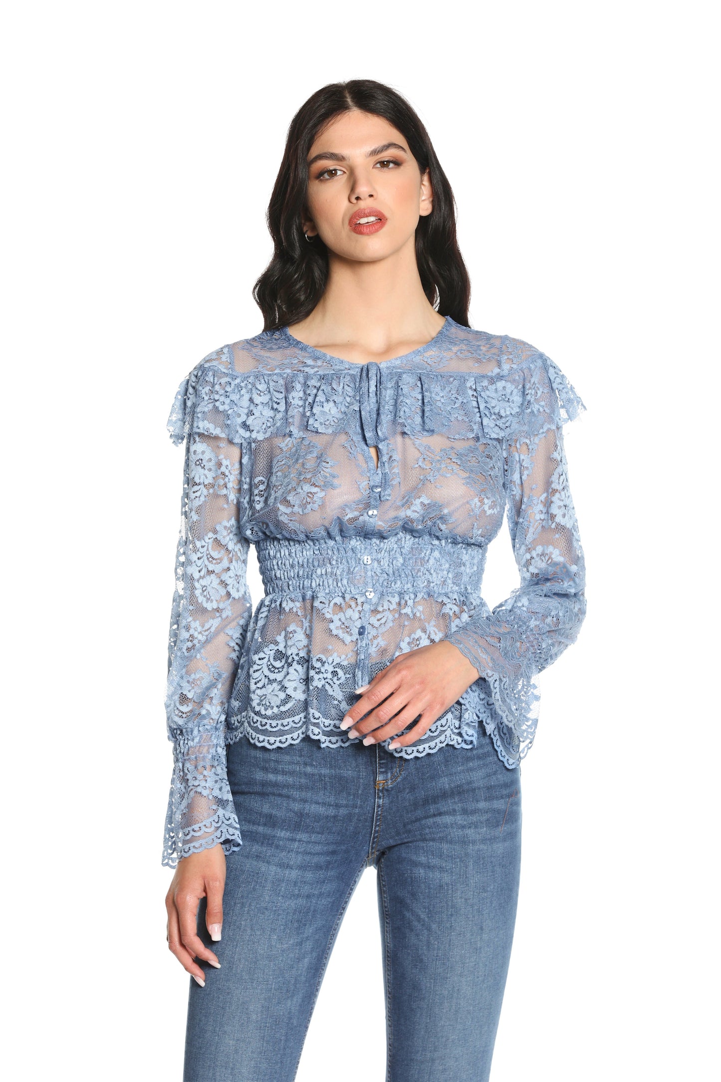 RAFFIS 蕾丝加 p 长袖无领衬衫。抽褶蕾丝