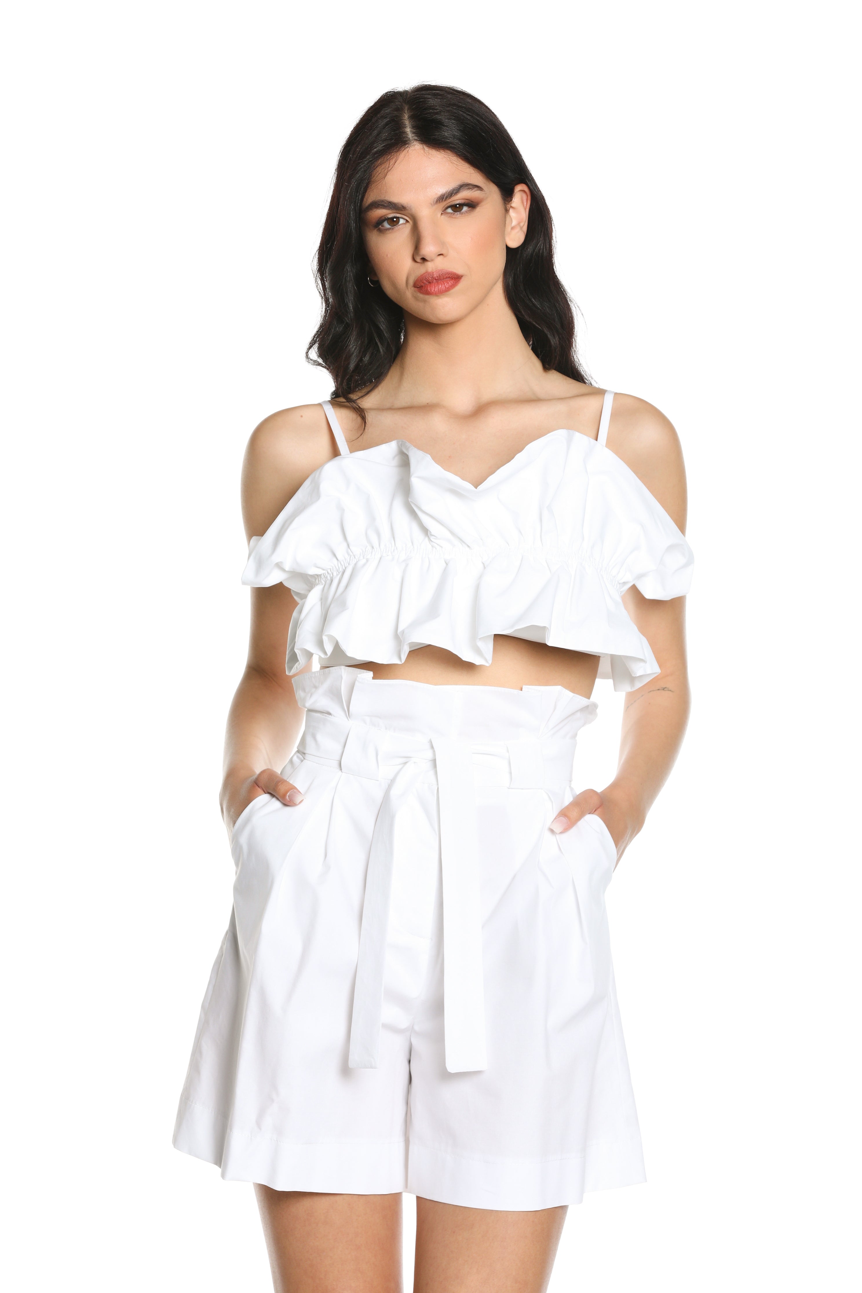 OFFURV Crop-Top 带背带加卷曲加胸部荷叶边