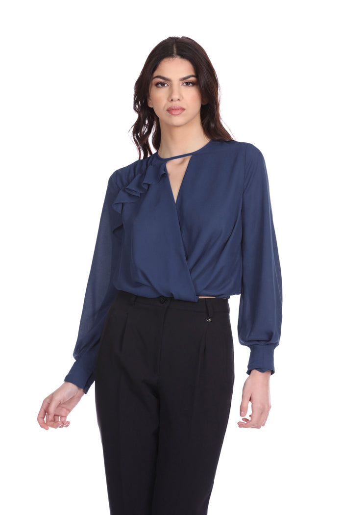 PULISS 短款长袖衬衫，带褶皱交叠领口，背面有荷叶边