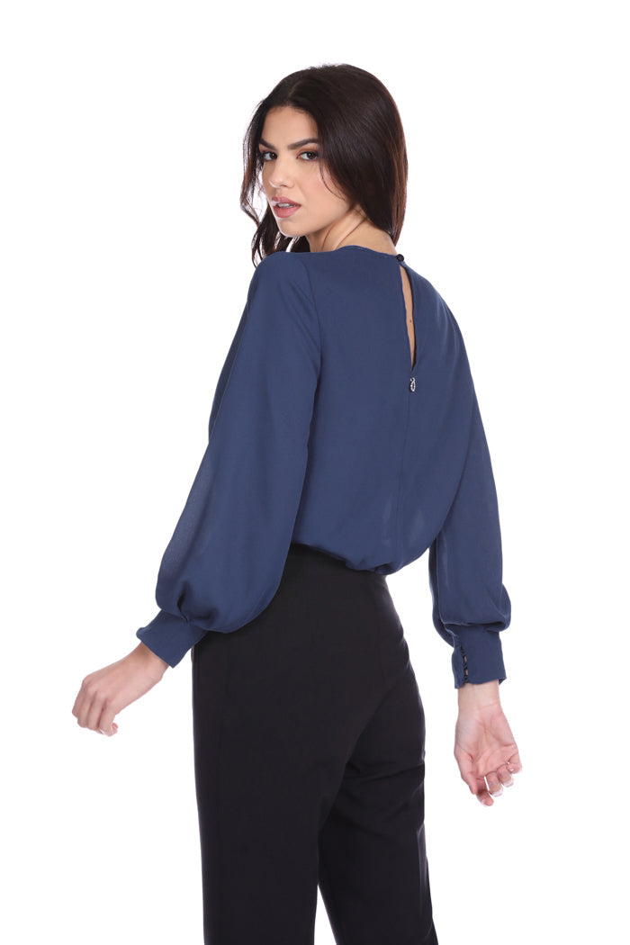 PULISS 短款长袖衬衫，带褶皱交叠领口，背面有荷叶边