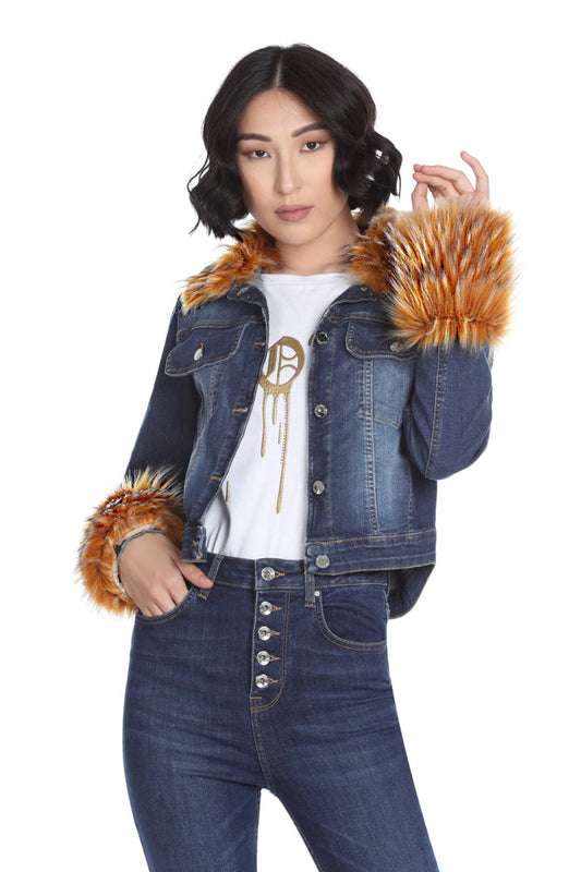 ZASA 人造毛领和袖口牛仔长袖夹克