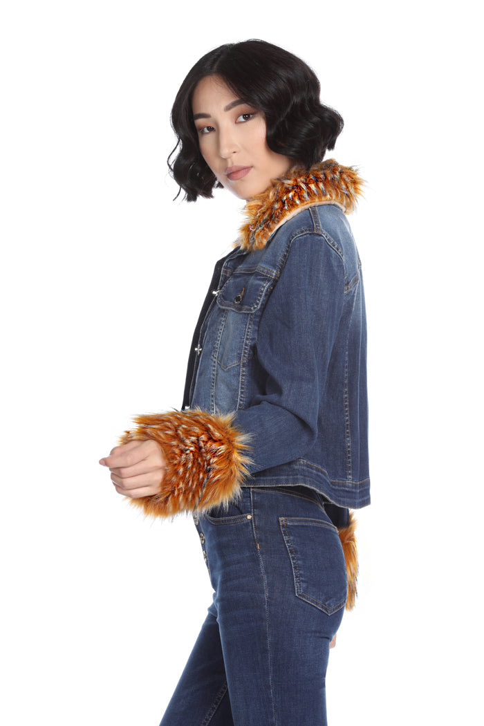 ZASA 人造毛领和袖口牛仔长袖夹克
