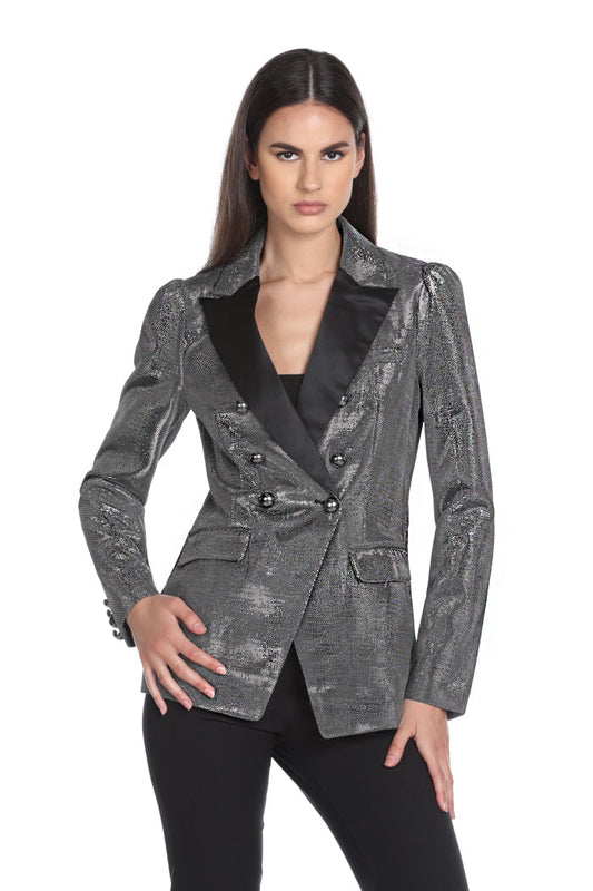 SWARZ 长款双排扣缎面翻领金属纽扣夹克