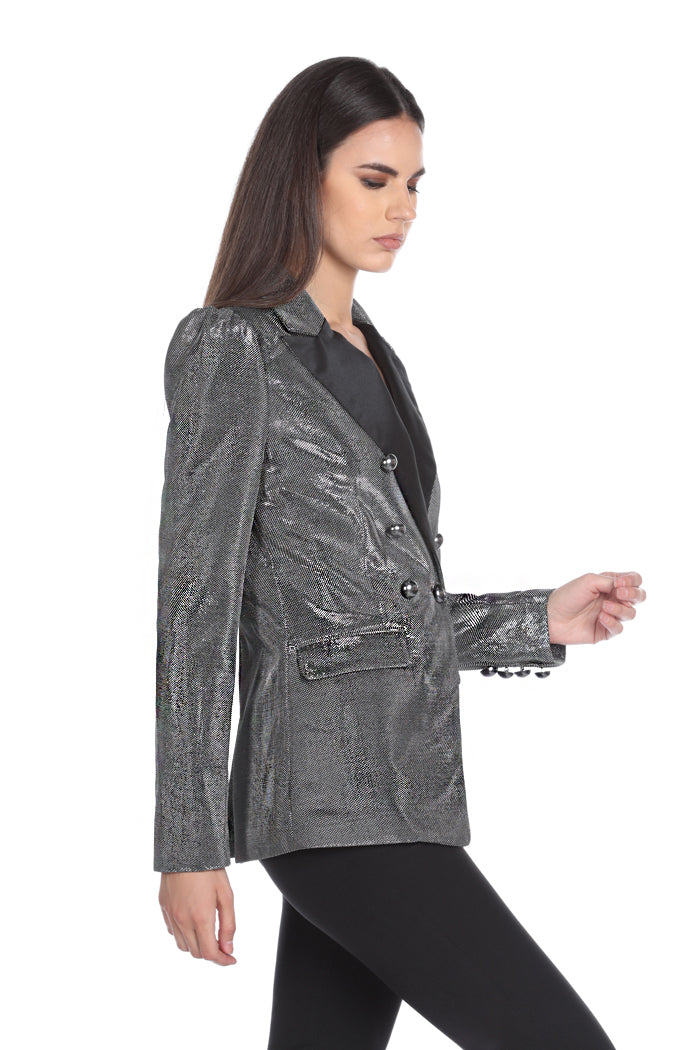 SWARZ 长款双排扣缎面翻领金属纽扣夹克