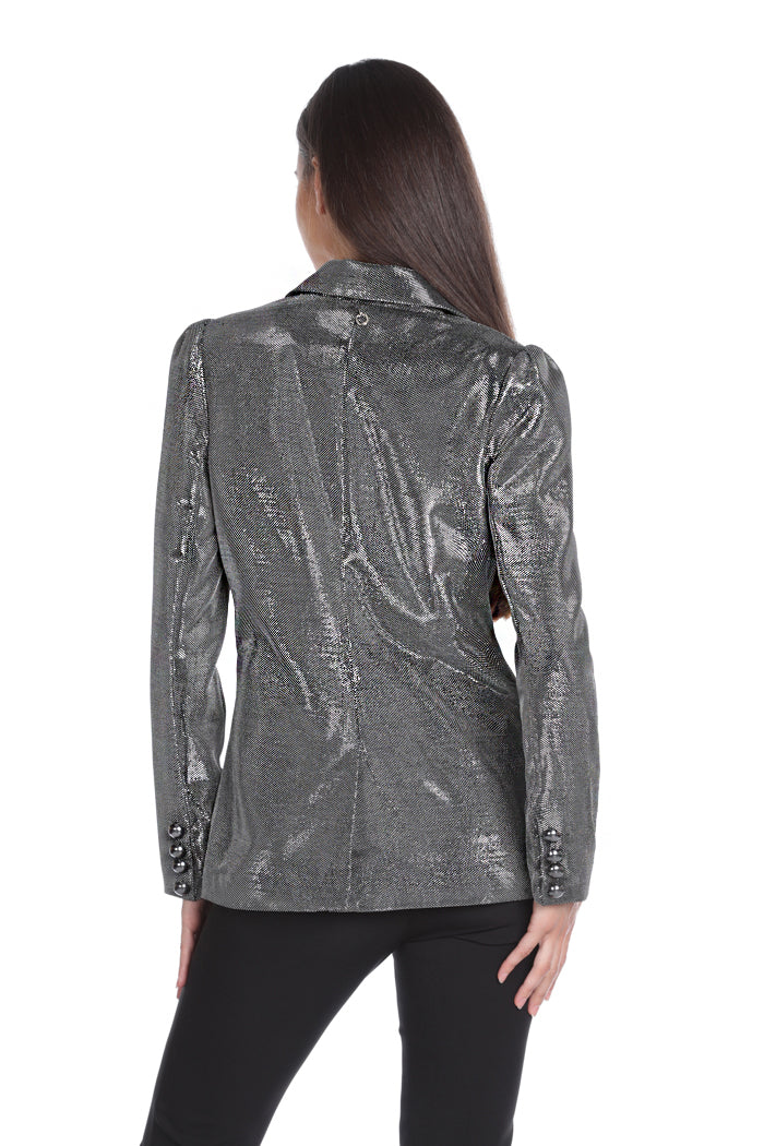 SWARZ 长款双排扣缎面翻领金属纽扣夹克