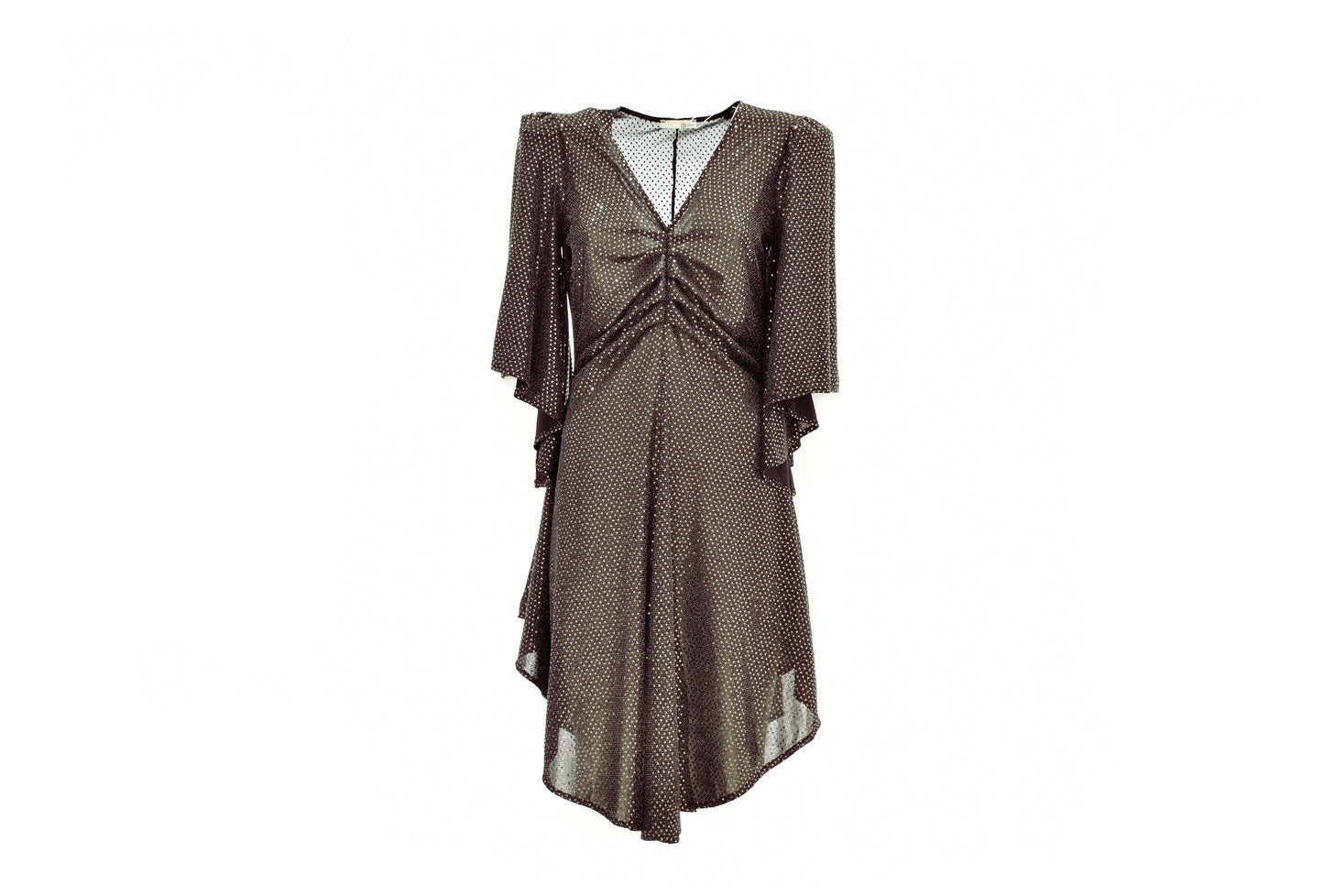 WHITEHALL 短款蝙蝠翼半袖 V 领连衣裙，带 tex 镜面卷曲