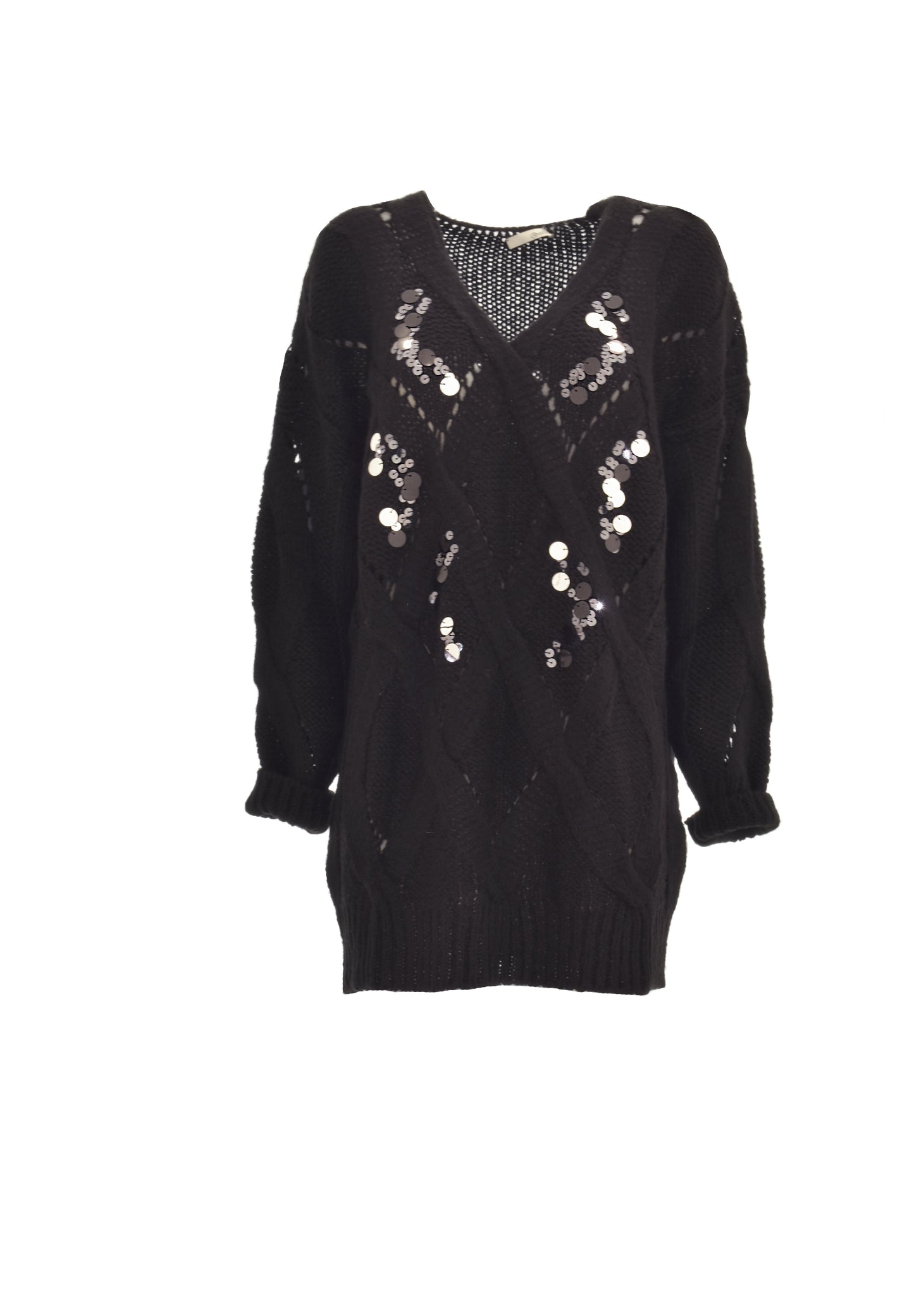 QUIGLEY菱形提花加亮片长袖v领毛衣