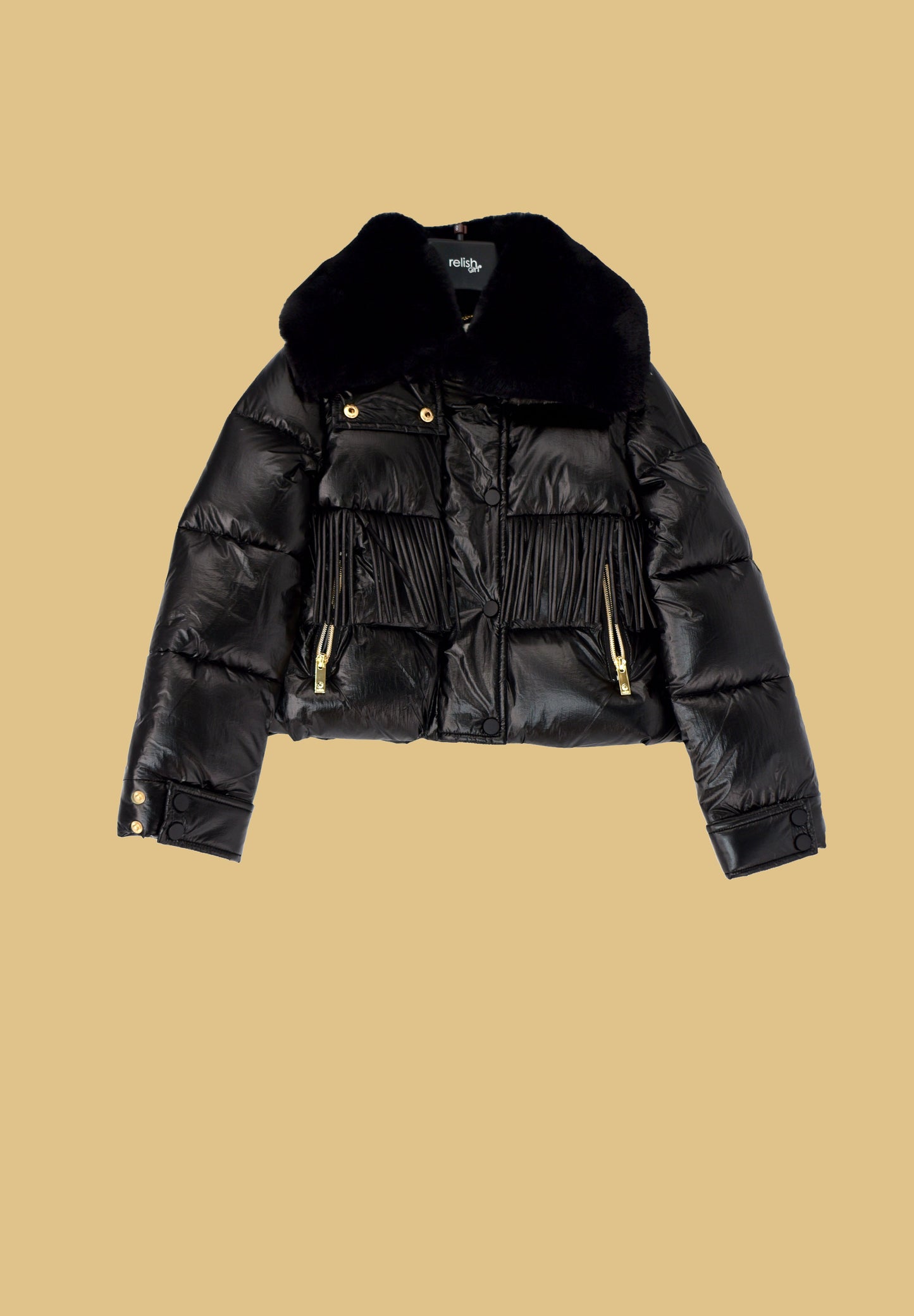 TODINA 短款羽绒服，带拉链、纽扣、流苏和可拆卸人造毛领。