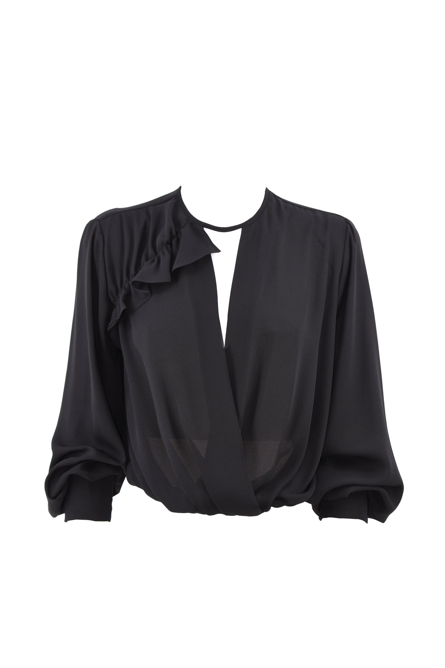 PULISS 短款长袖衬衫，带褶皱交叠领口，背面有荷叶边