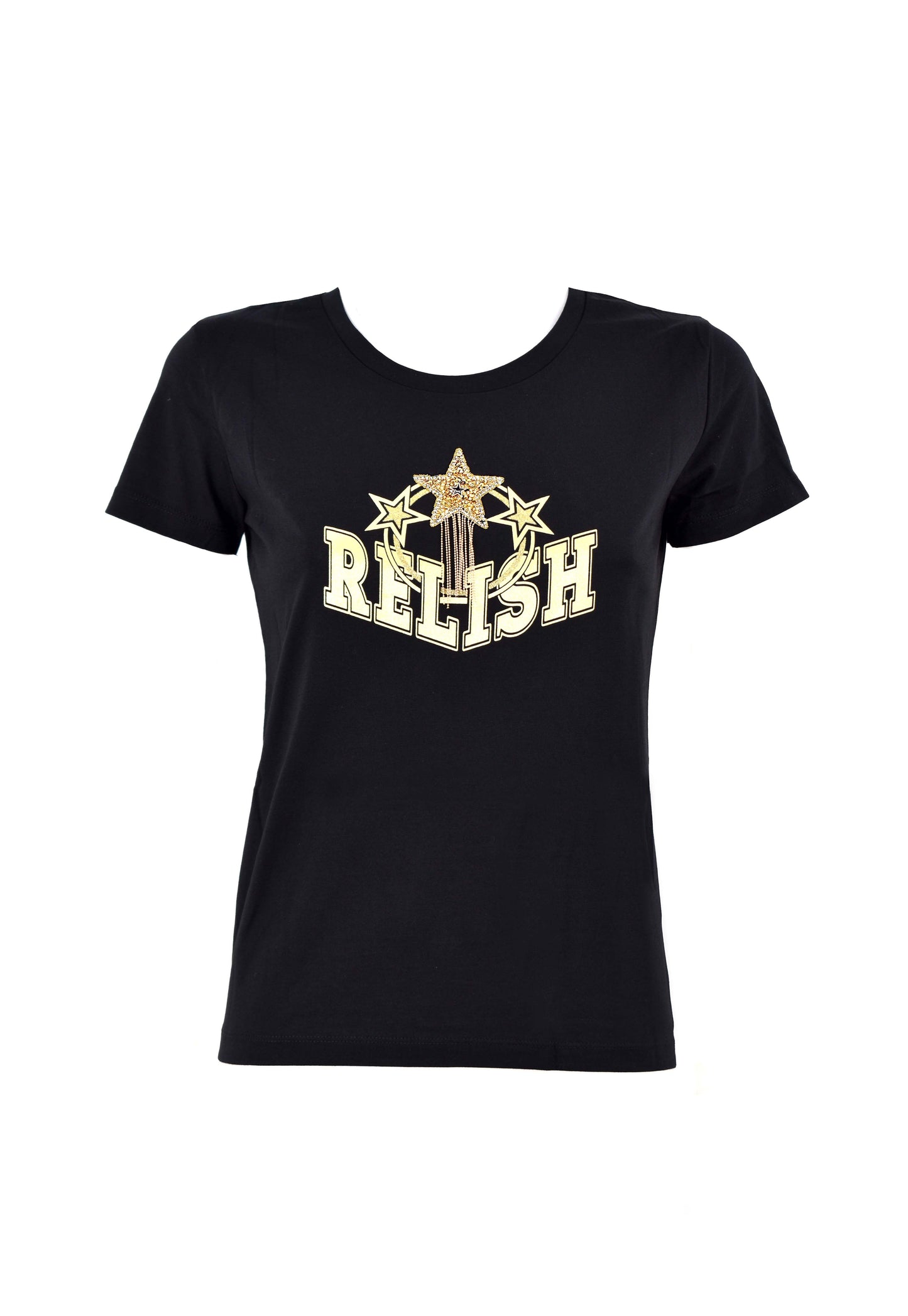 半袖 THITY T 恤，带箔印花加星星应用，带水钻加珠加链