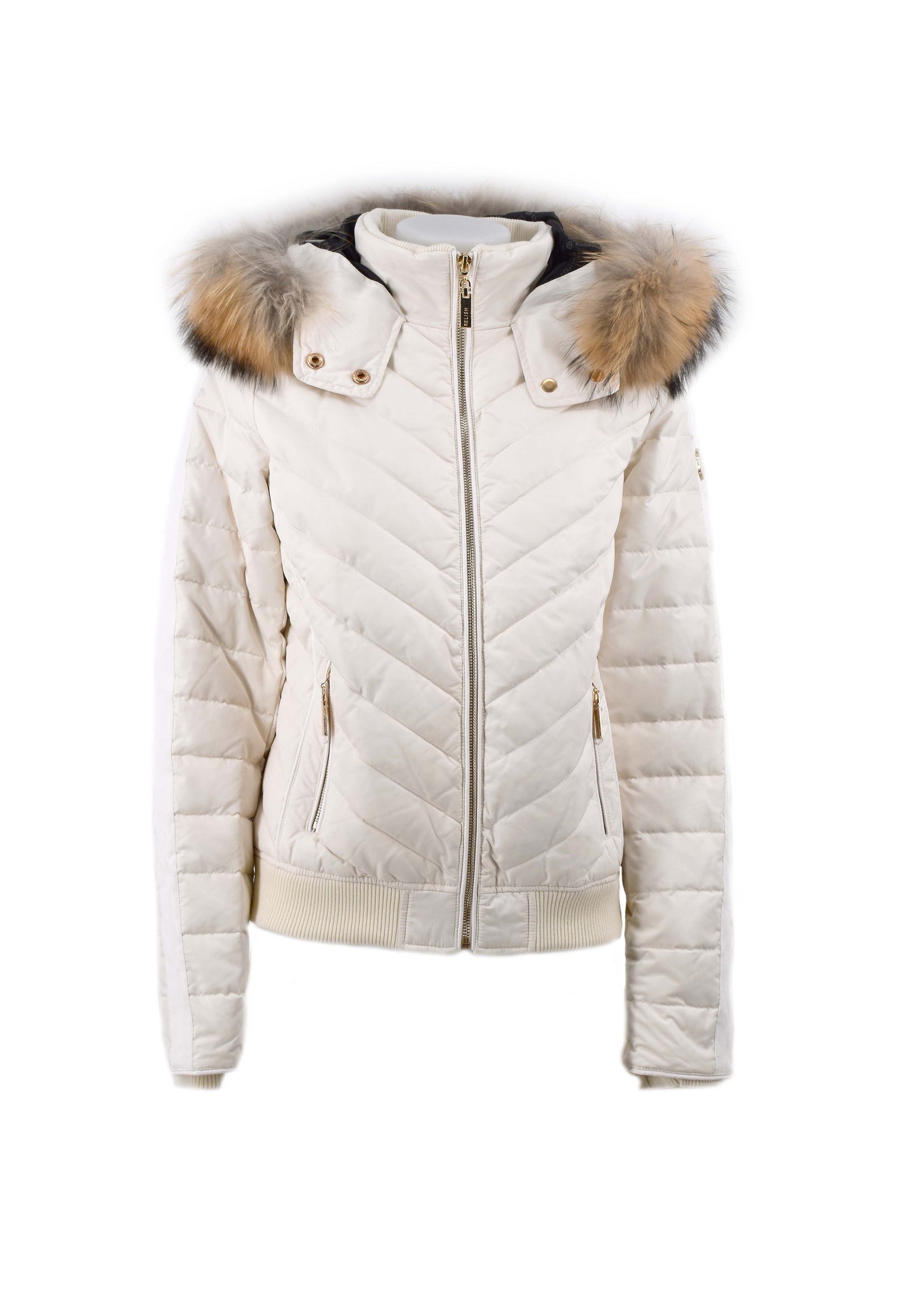 RIVERS 短款长袖羽绒服，生态皮革细节加罗纹边缘加毛皮风帽