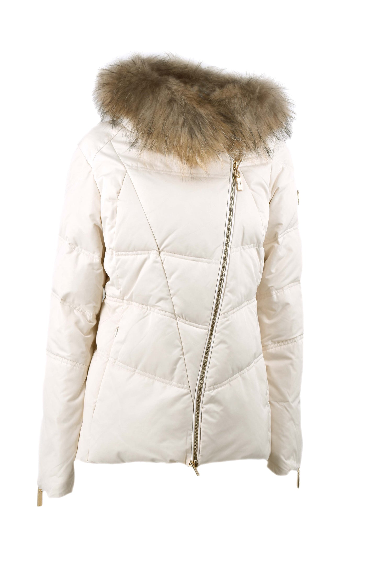 PYLET 长袖羽绒服，带生态皮革细节和横向拉链。加上毛皮罩