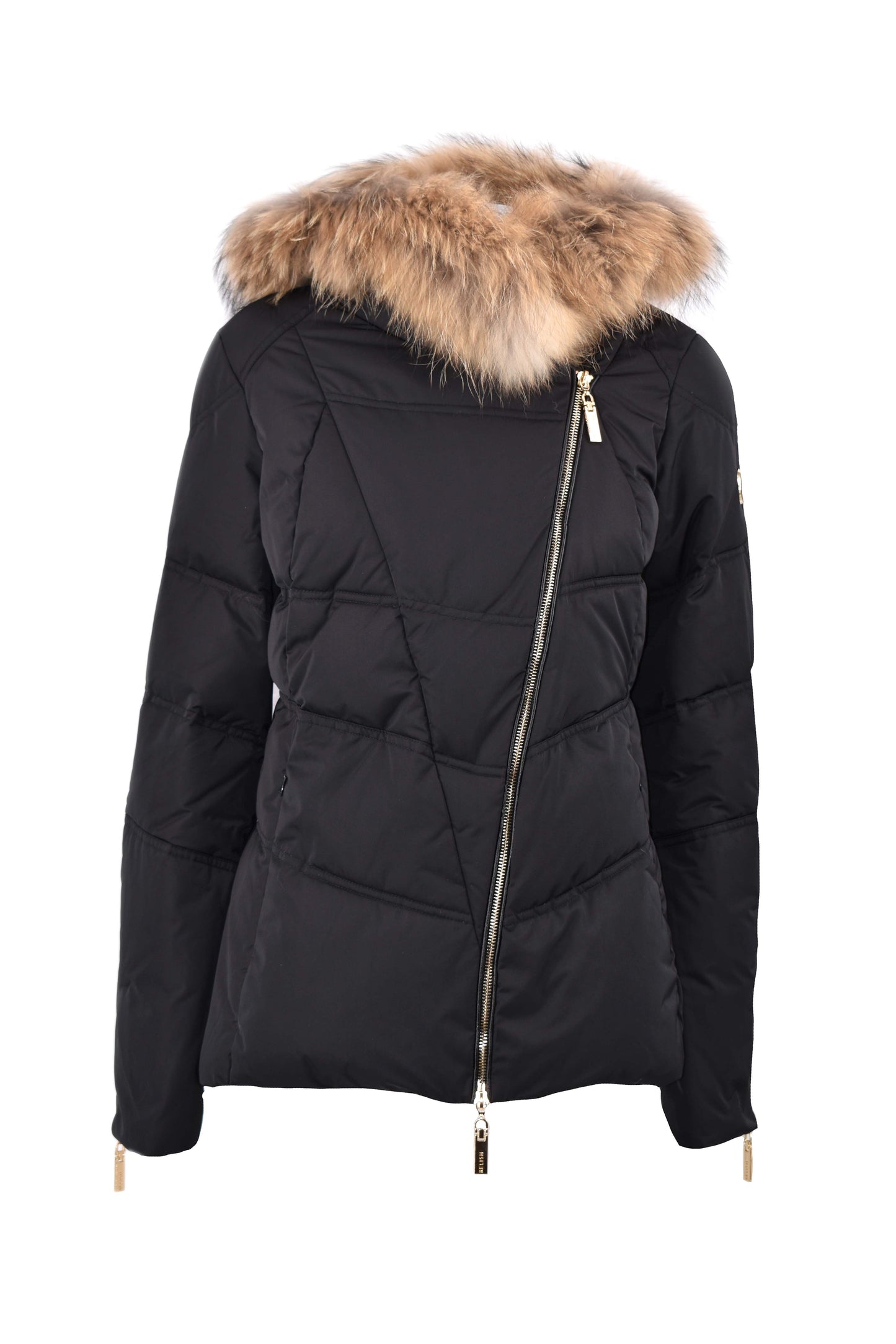 PYLET 长袖羽绒服，带生态皮革细节和横向拉链。加上毛皮罩