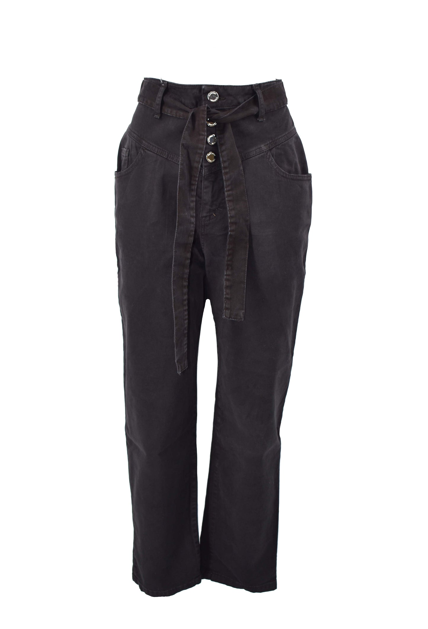 分拣高腰裤纽扣加口袋加腰带