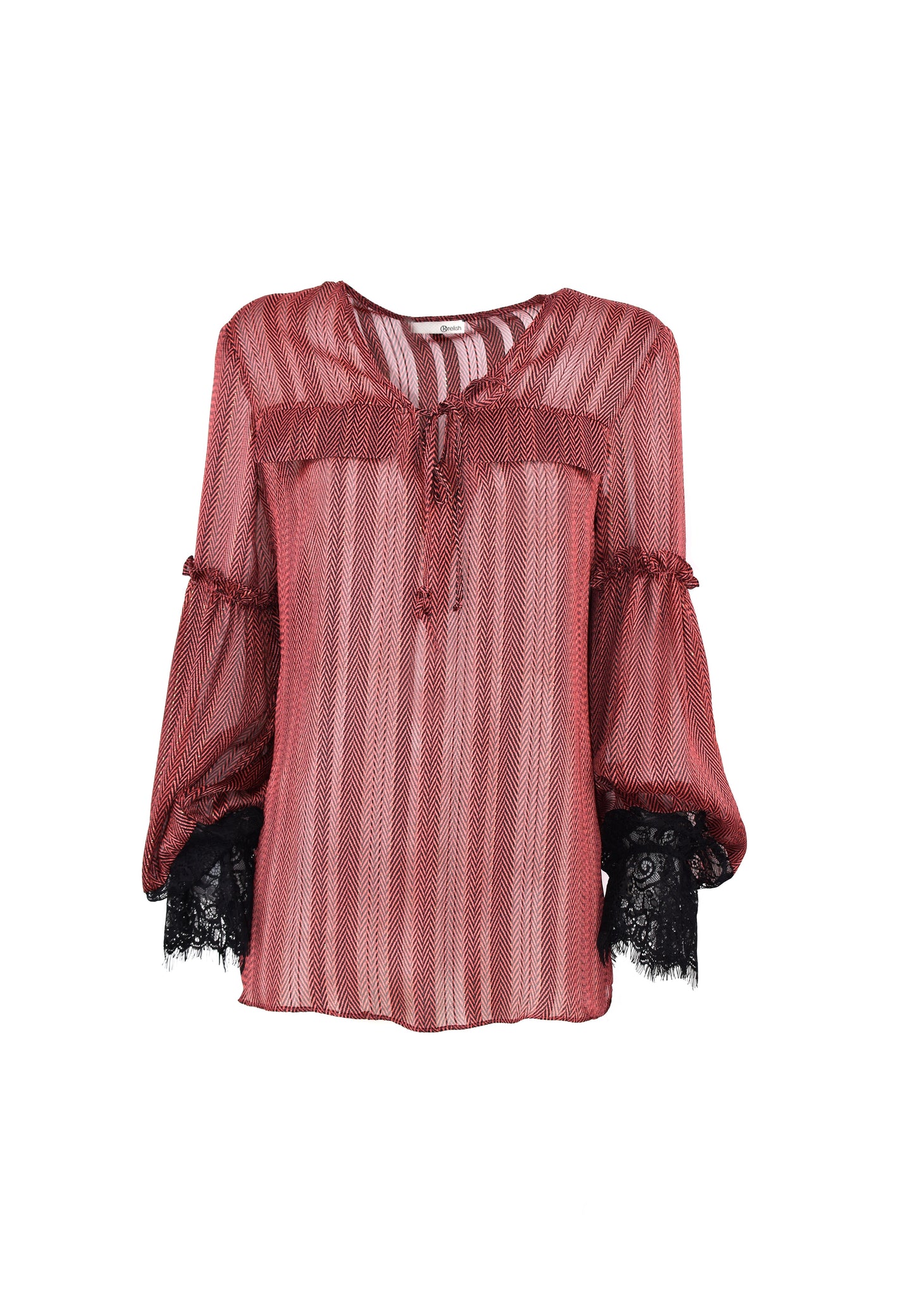 STEVIU 长袖衬衫，带荷叶边和蕾丝嵌花，带蕾丝和卢勒克斯人字形翻盖