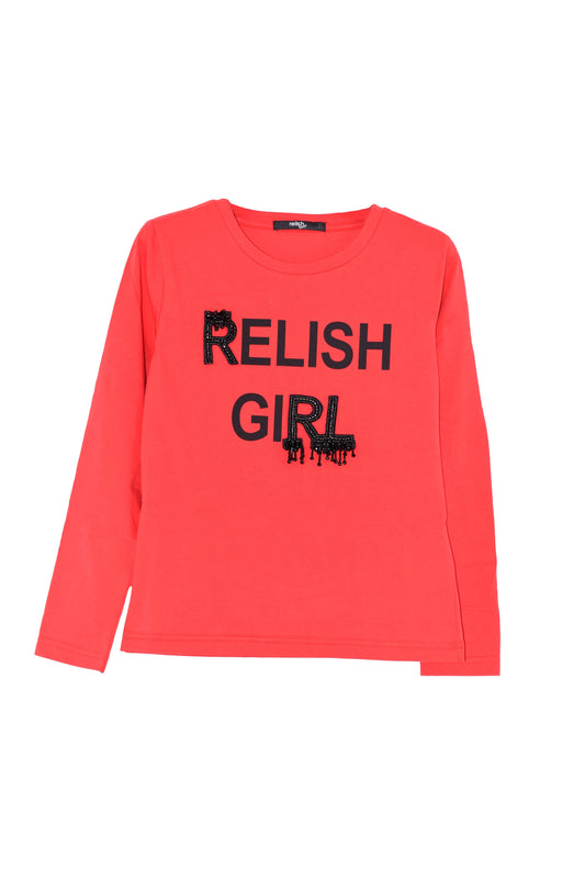 URSYT 女童长袖 T 恤 Relish Girl Print plus Embroidery Appl. 珠子和水钻