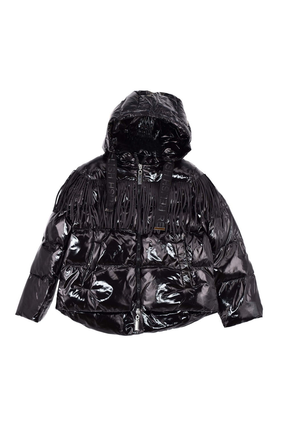 TURYE 女童羽绒服长袖短款连帽加罗缎印花加流苏