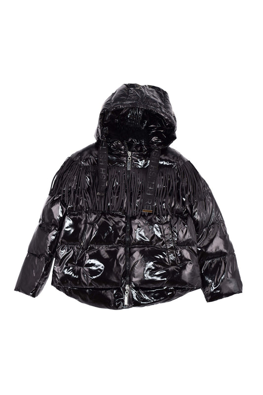 TURYE 女童羽绒服长袖短款连帽加罗缎印花加流苏