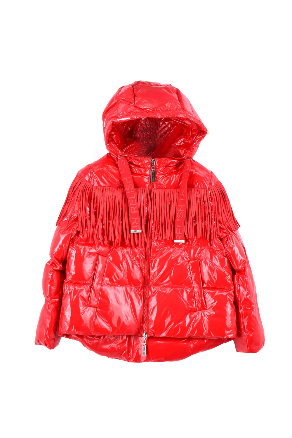 TURYE 女童羽绒服长袖短款连帽加罗缎印花加流苏