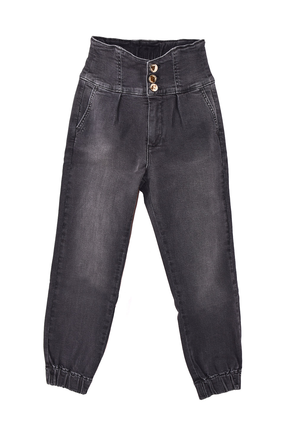 VIULETTE 女童长裤 高腰纽扣加夹子加聚拢黑色牛仔底