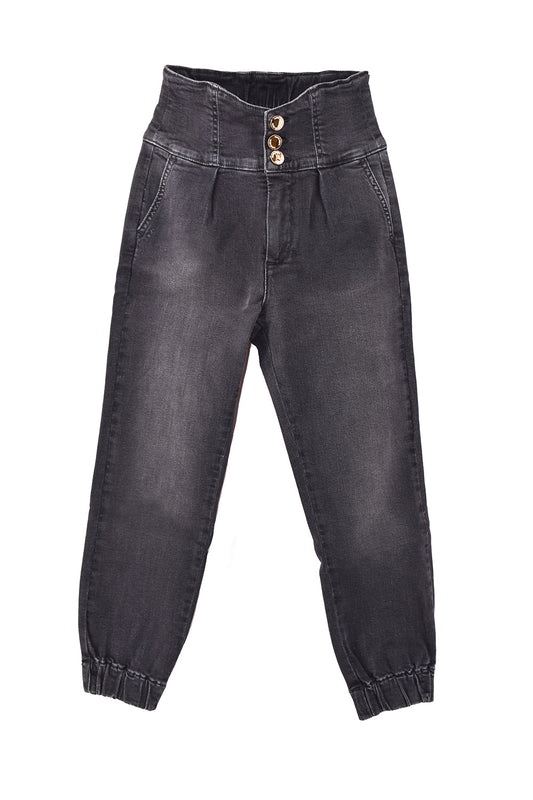 VIULETTE 女童长裤 高腰纽扣加夹子加聚拢黑色牛仔底