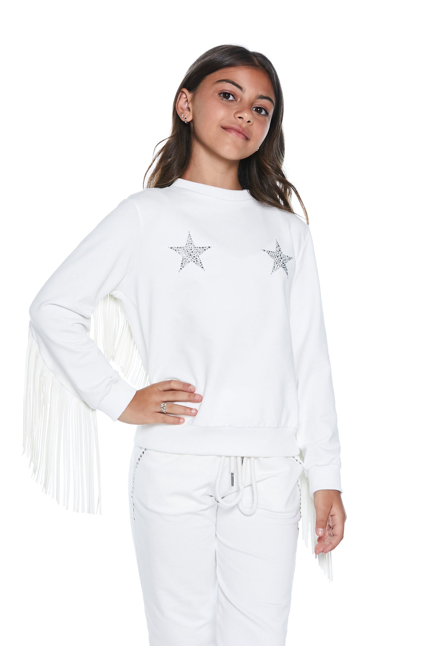 STELLA 人造皮革流苏加微型铆钉星星长袖运动衫