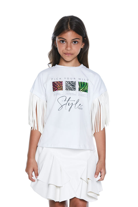 WILD 印花人造皮革流苏半袖 T 恤