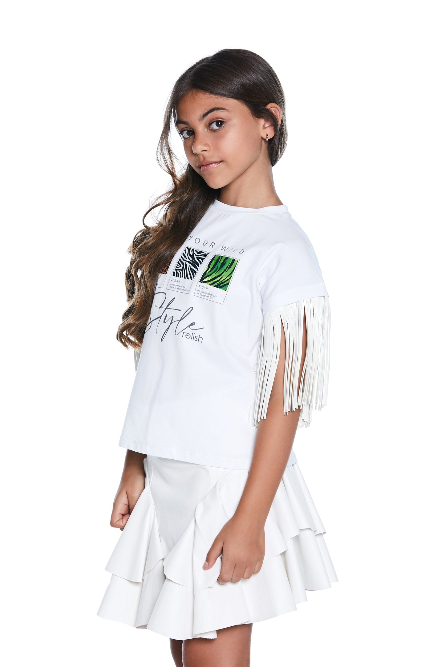 WILD 印花人造皮革流苏半袖 T 恤