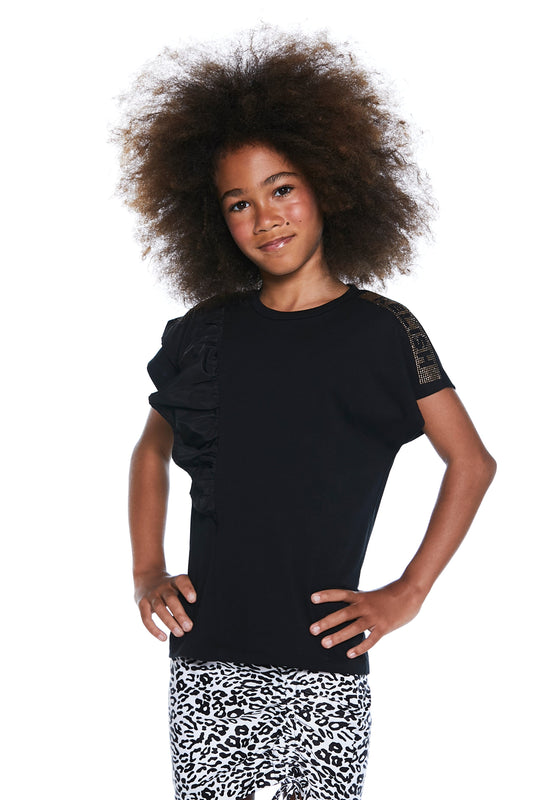 SHILERINA 半袖 T 恤，带翻盖贴花水钻加塔夫塔荷叶边加内部徽标印花