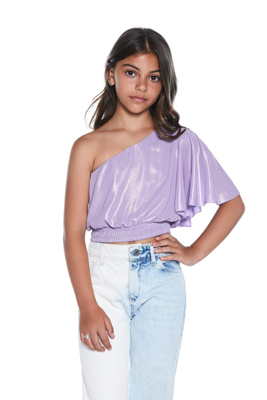 YFA 涂层乔其纱单肩荷叶边短款衬衫