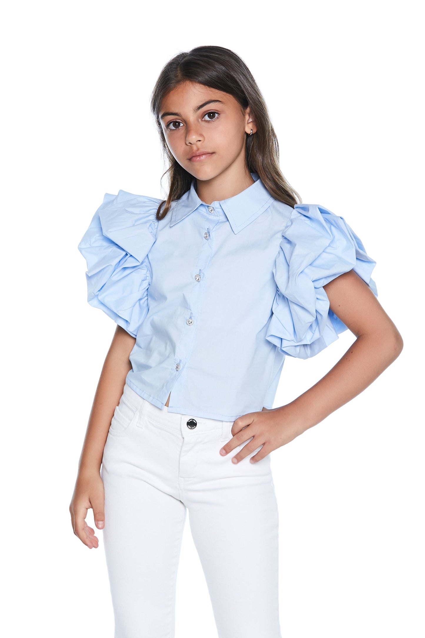 SBUFF 短款荷叶边半袖珠宝纽扣衬衫