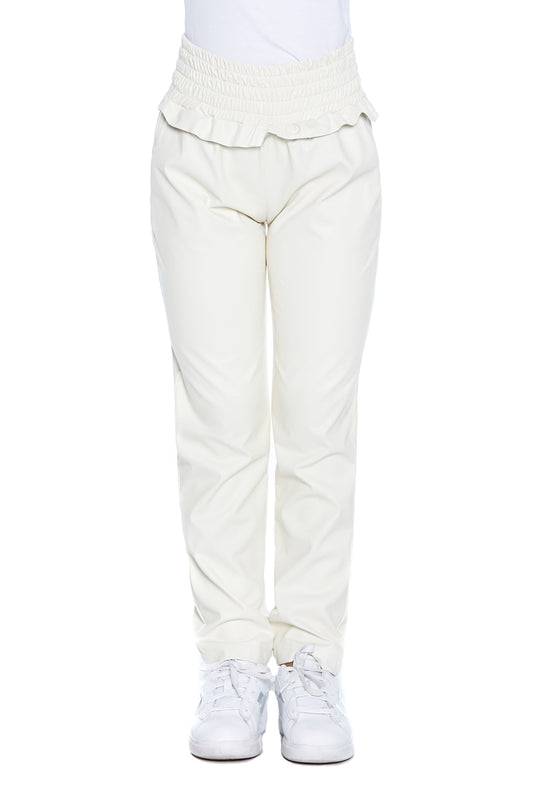 RU 高腰裤，带皱褶缝线加口袋加人造皮革荷叶边