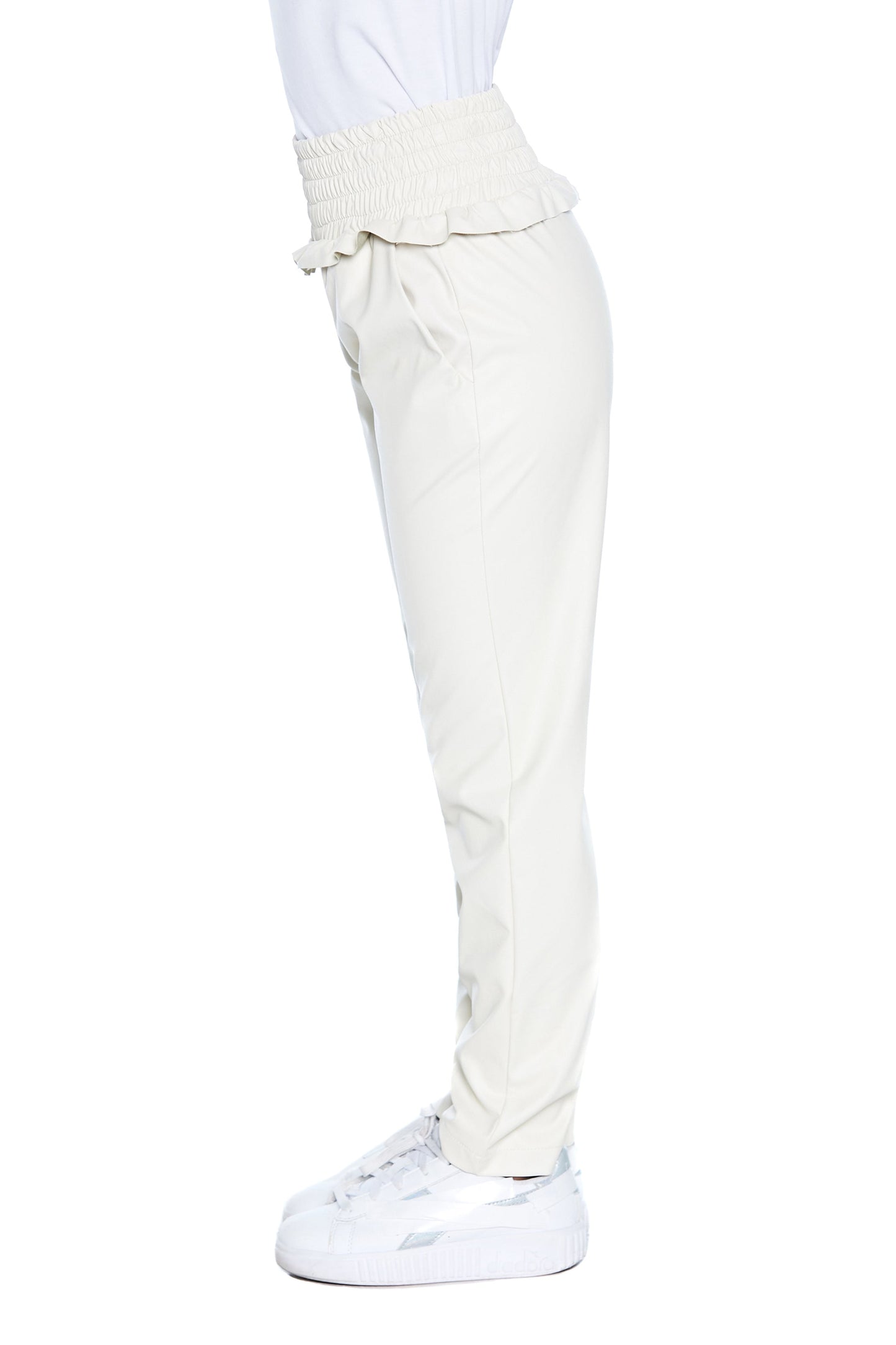 RU 高腰裤，带皱褶缝线加口袋加人造皮革荷叶边