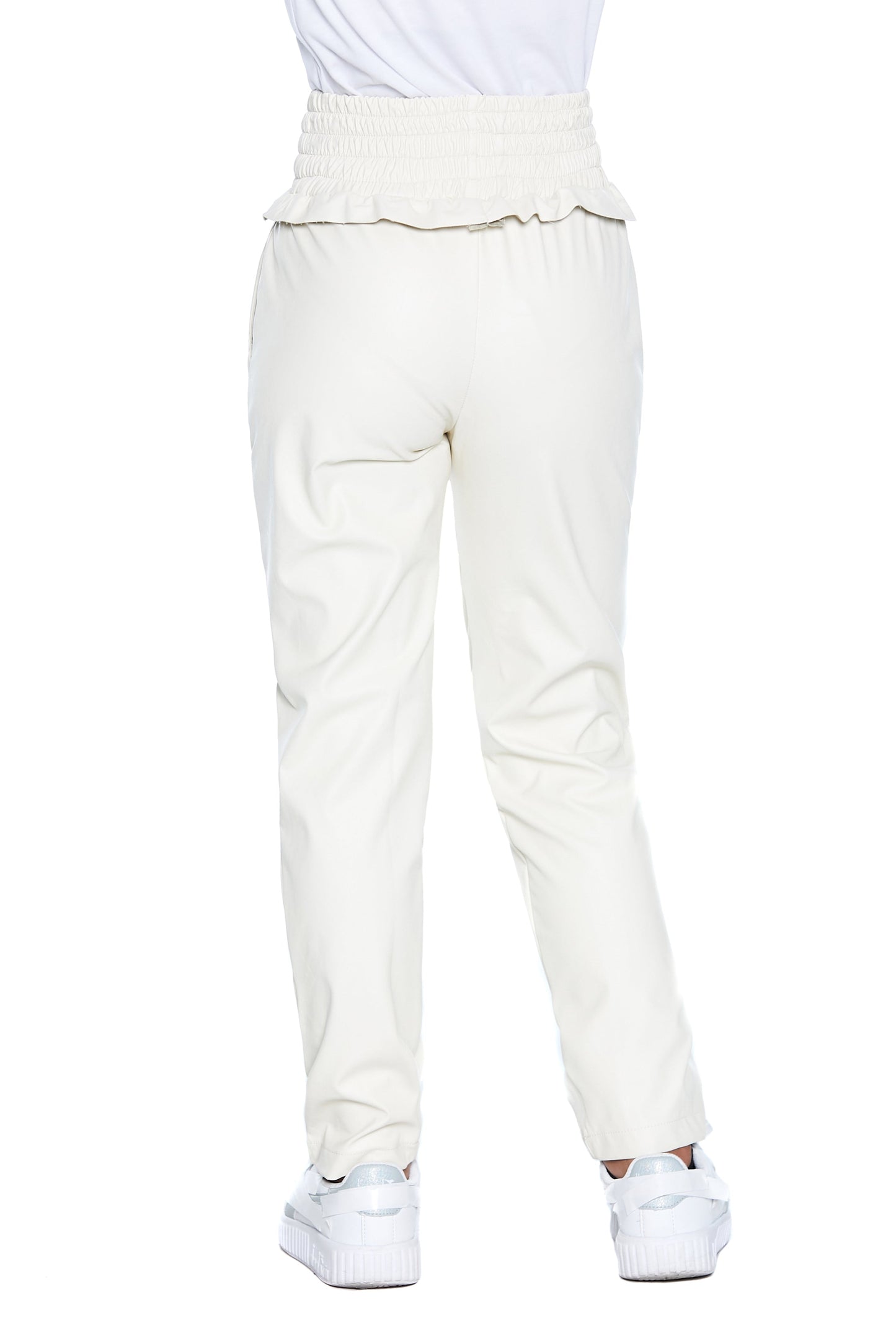 RU 高腰裤，带皱褶缝线加口袋加人造皮革荷叶边