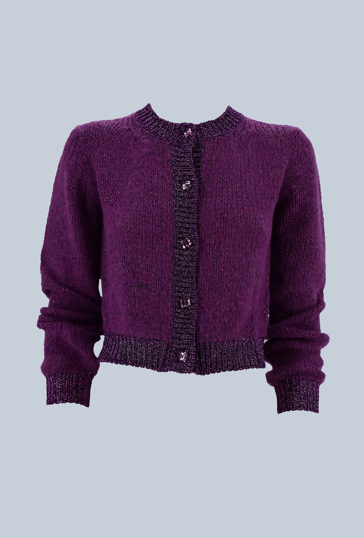 RAMMA 短款长袖开衫，配以珠宝纽扣和卢勒克斯边缘