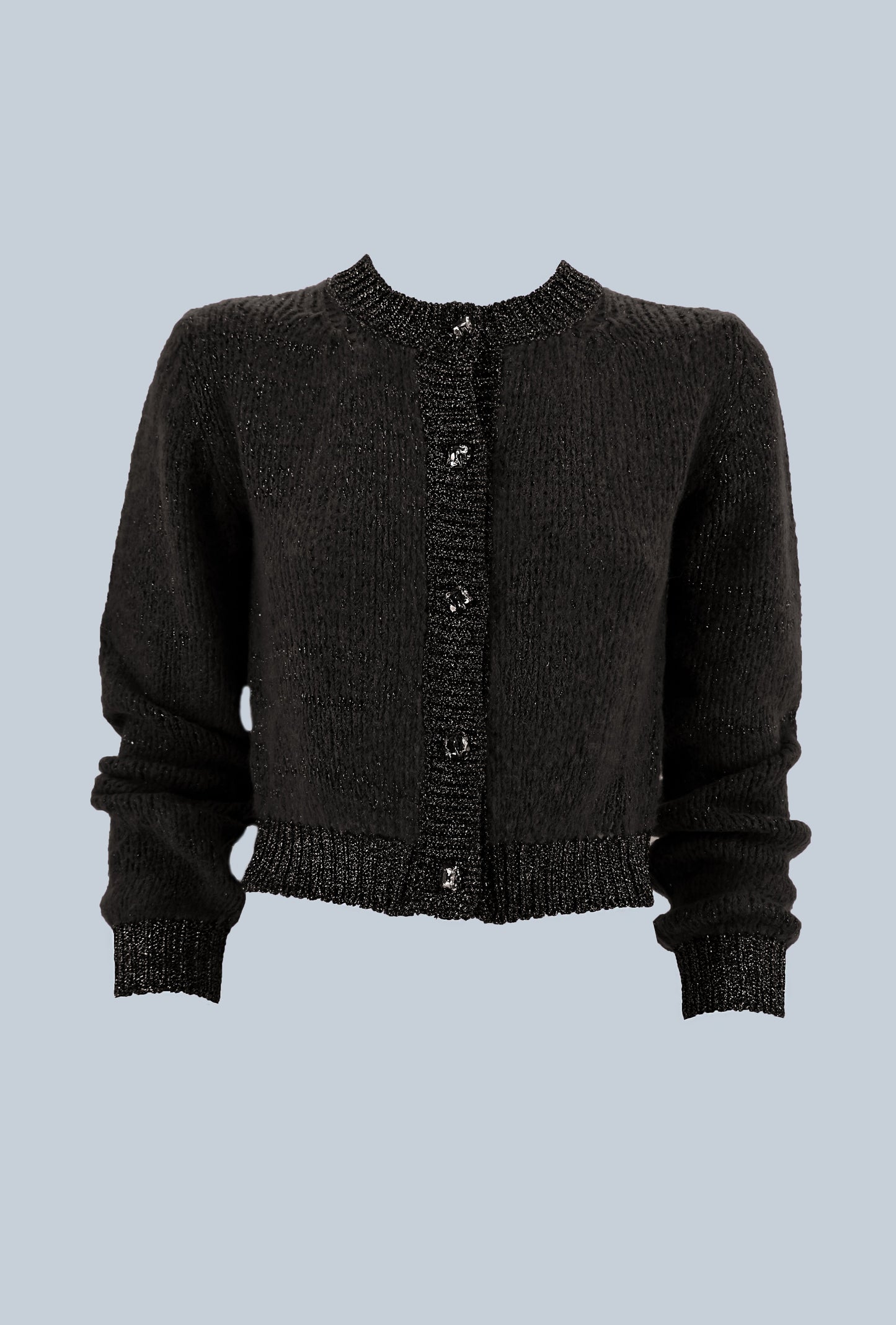 RAMMA 短款长袖开衫，配以珠宝纽扣和卢勒克斯边缘