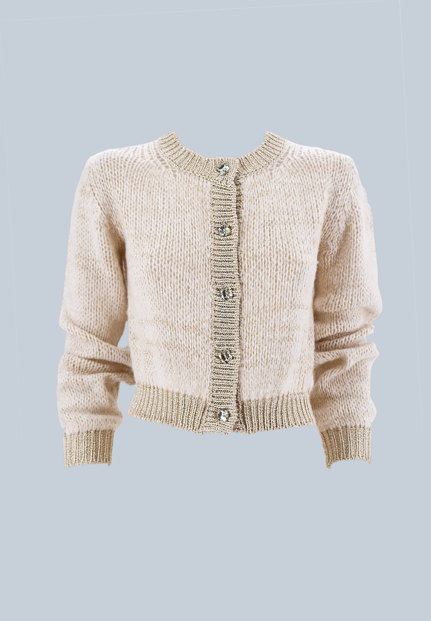 RAMMA 短款长袖开衫，配以珠宝纽扣和卢勒克斯边缘