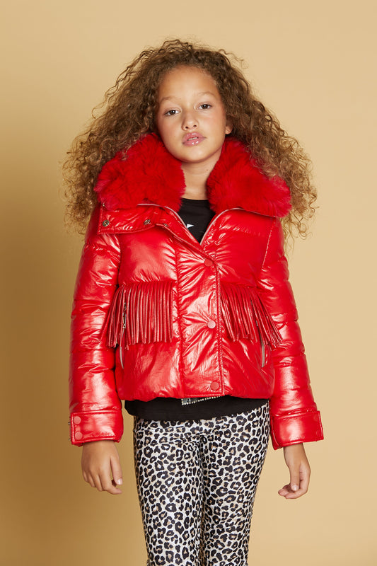 TODINA 短款羽绒服，带拉链、纽扣、流苏和可拆卸人造毛领。