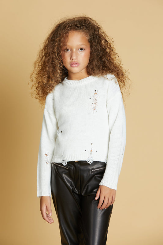 SEGIN 裂纹圆领毛衣，饰有铆钉和水钻