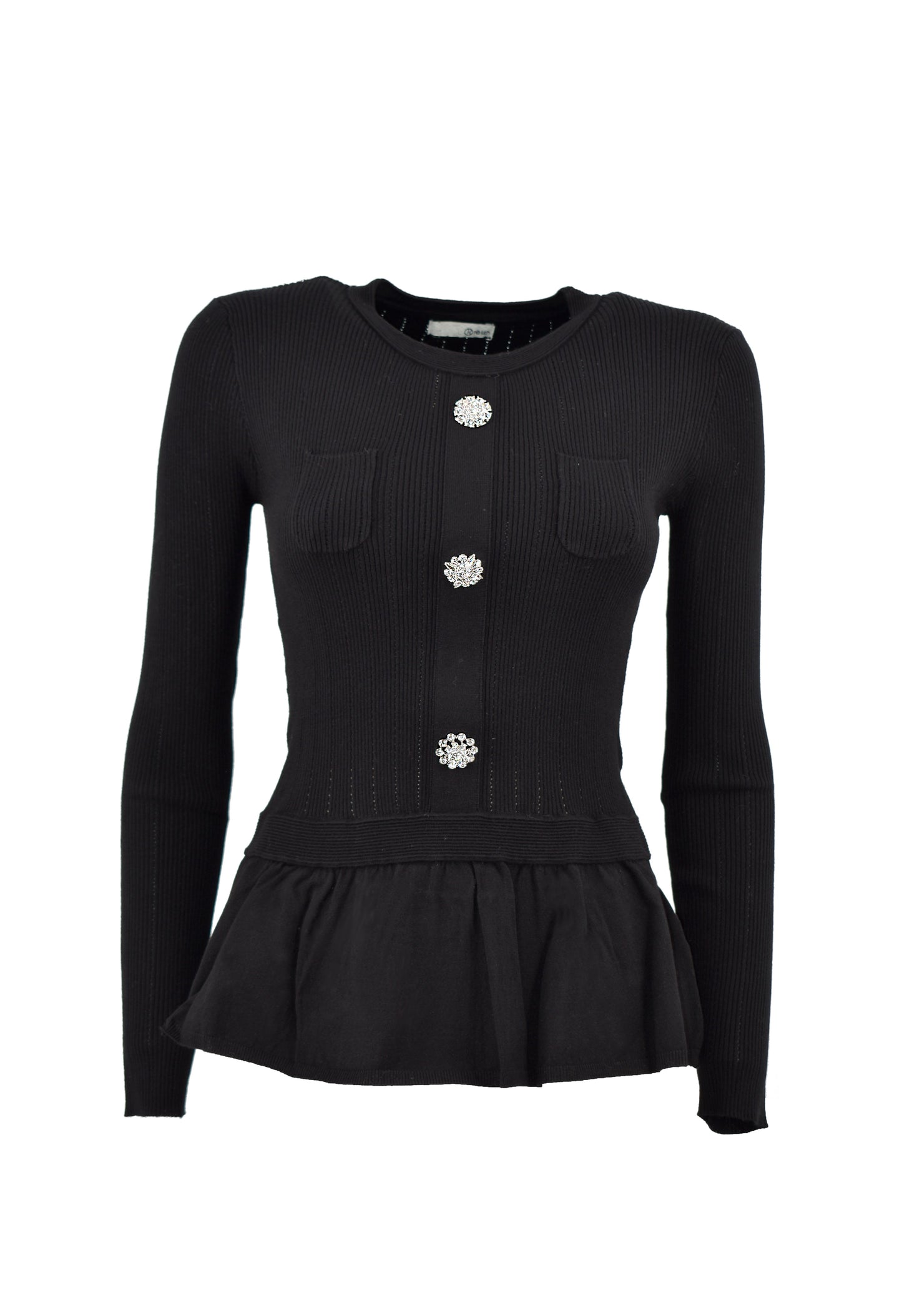 REMMYUS 长袖衬衫，底部荷叶边饰有珠宝纽扣