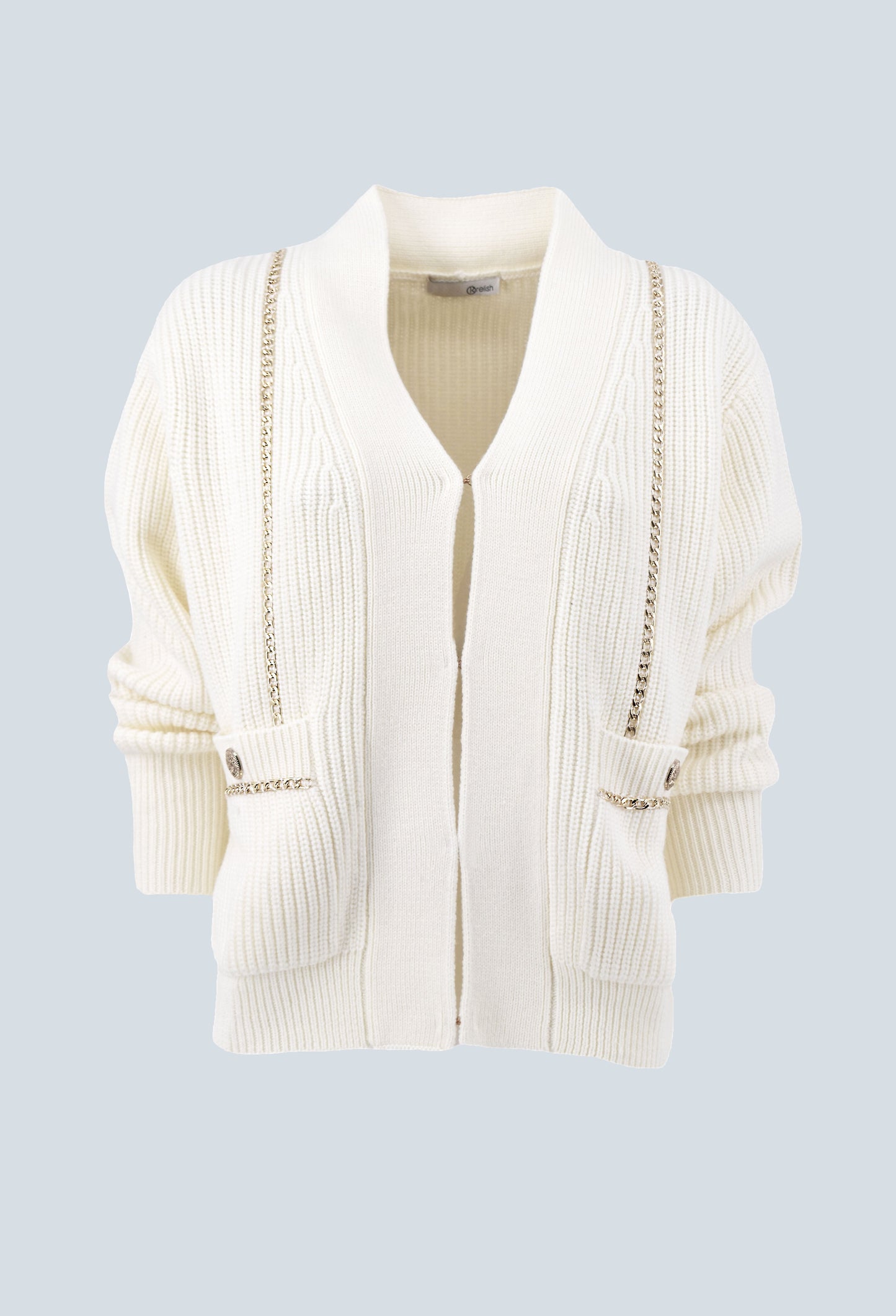 SATIS 长袖 V 领开衫，带链条加口袋加纽扣