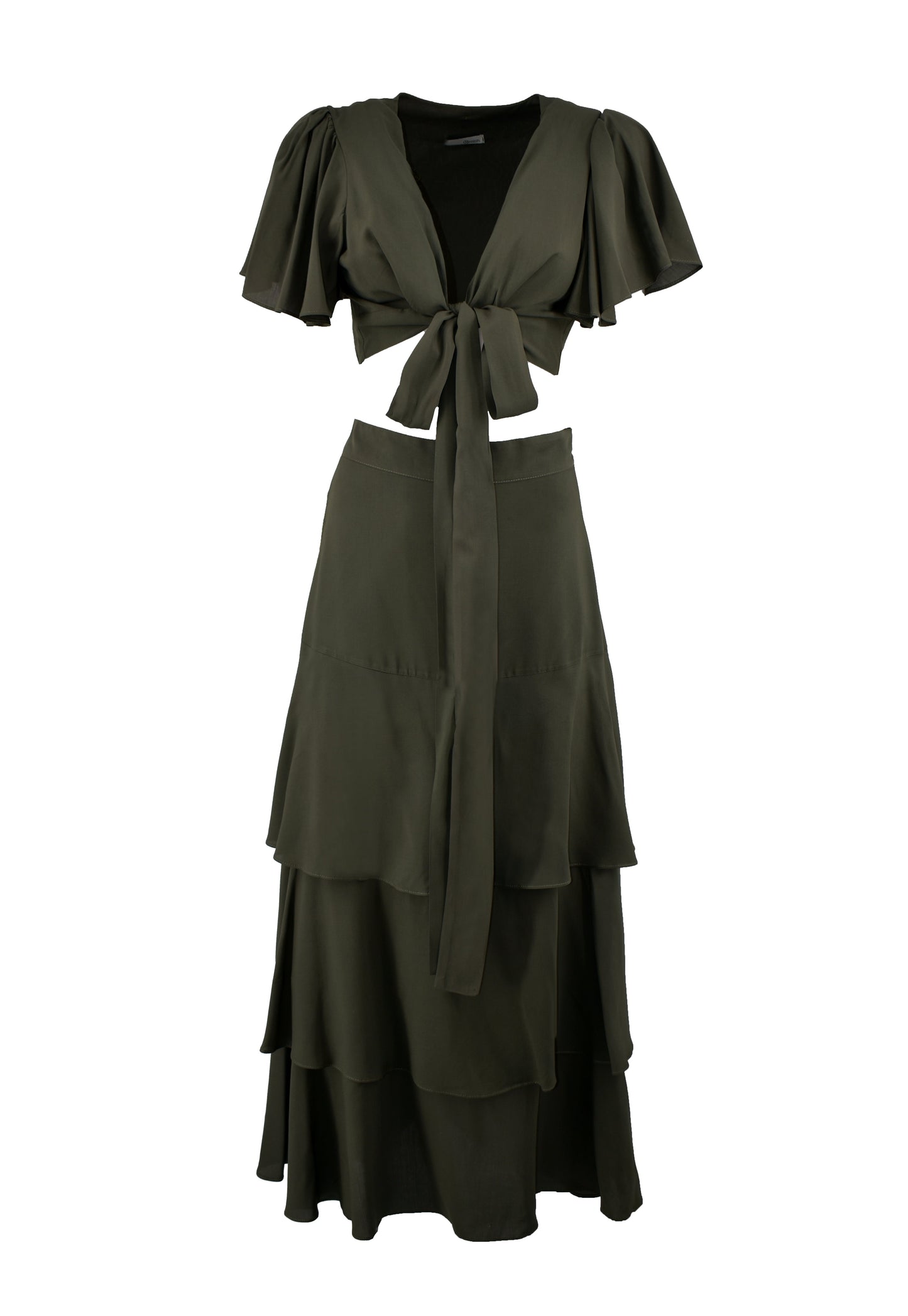 SBAM 长款半袖晚礼服交叉上衣配腰带加荷叶边裙