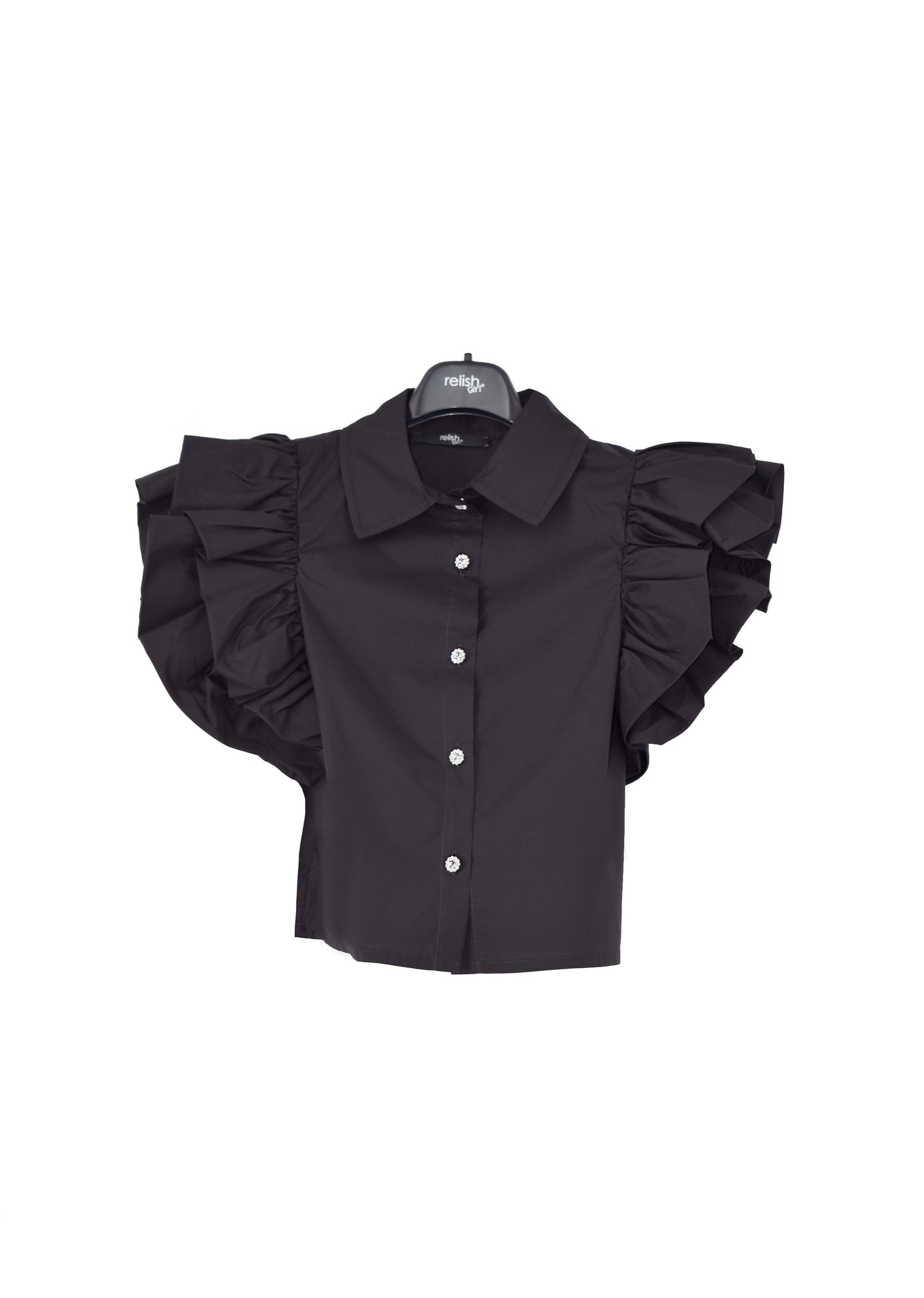 SBUFF 短款荷叶边半袖珠宝纽扣衬衫