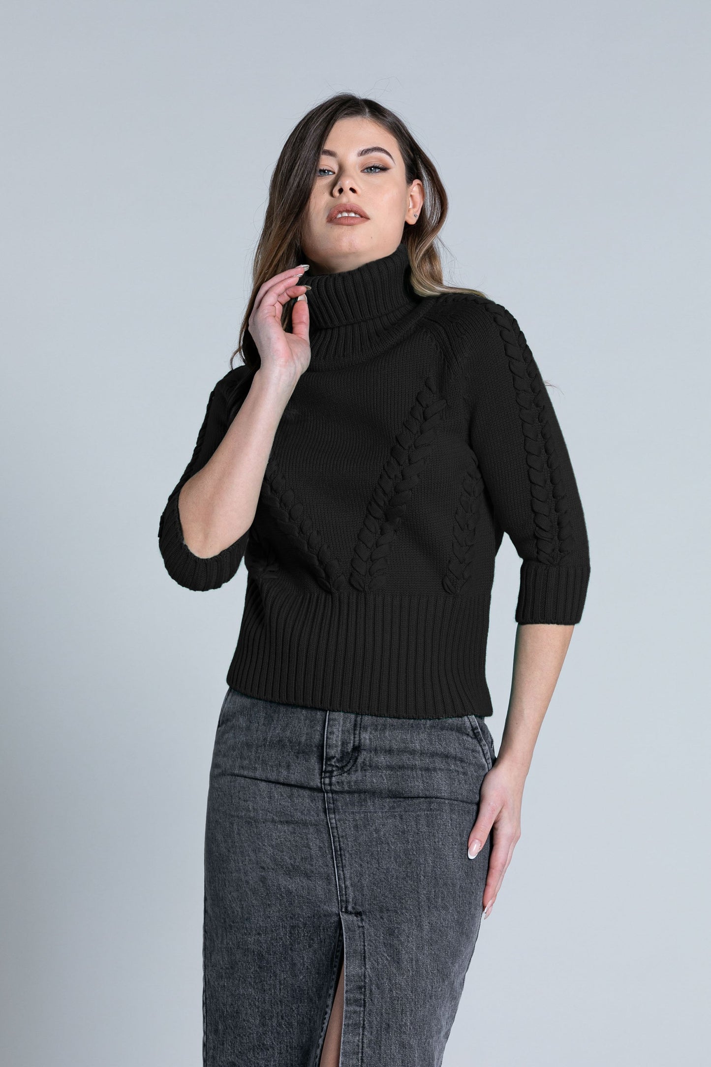 SCIT 编织细节半袖高领毛衣