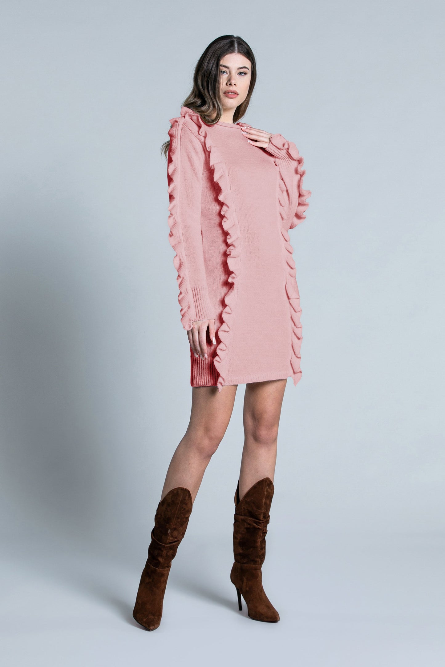 SCOTTE 荷叶边短款长袖连衣裙