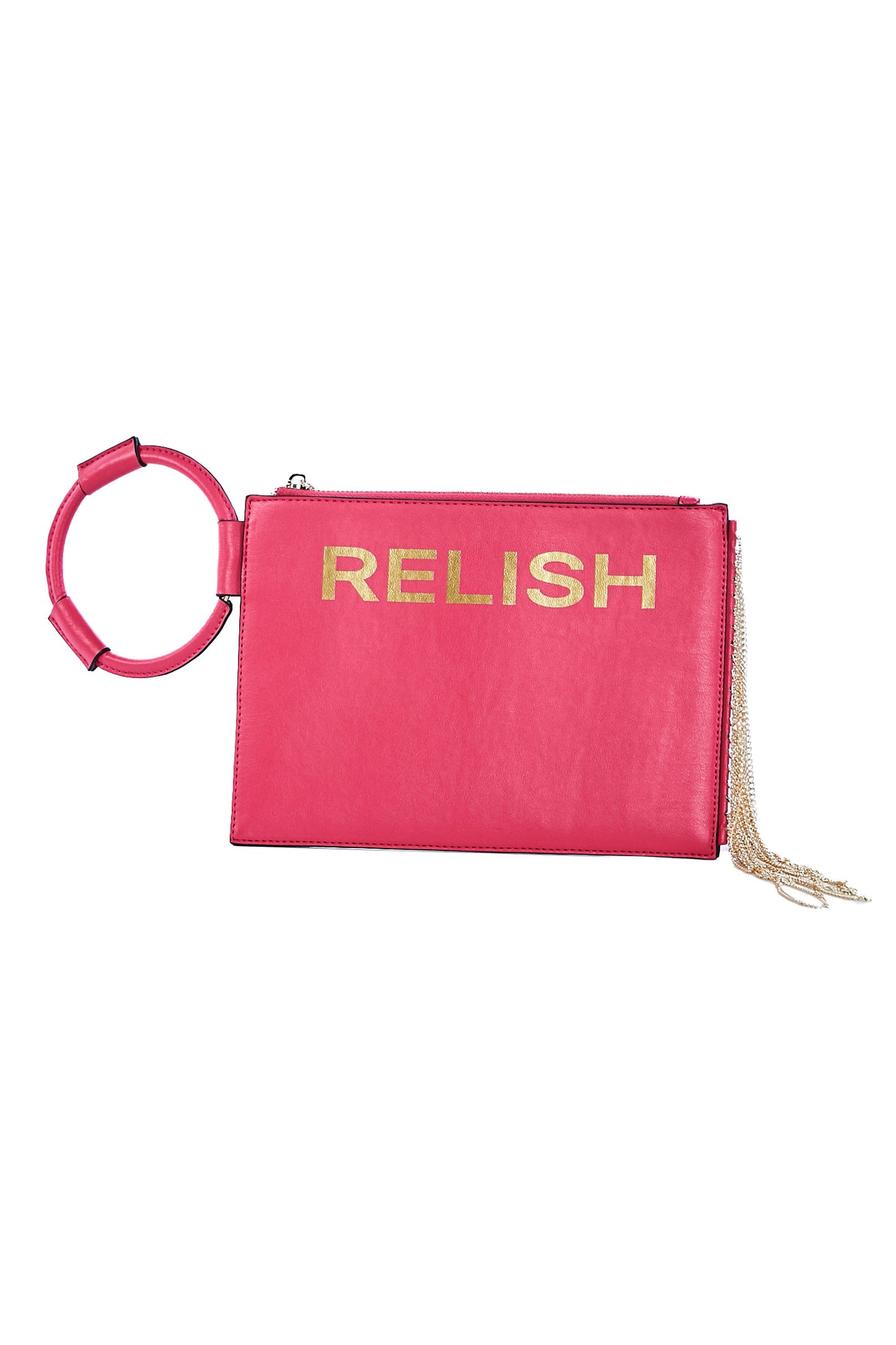 SELVETTES 人造皮革手拿包，带拉链和链条 + 圆环和徽标印花