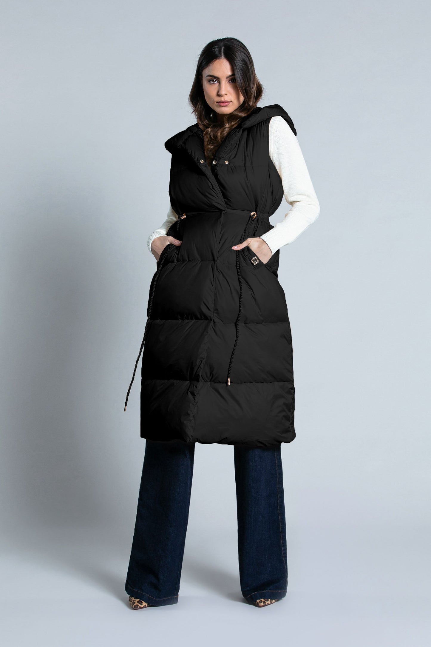 SMANIK长款无袖羽绒服连帽加纽扣加口袋加抽绳