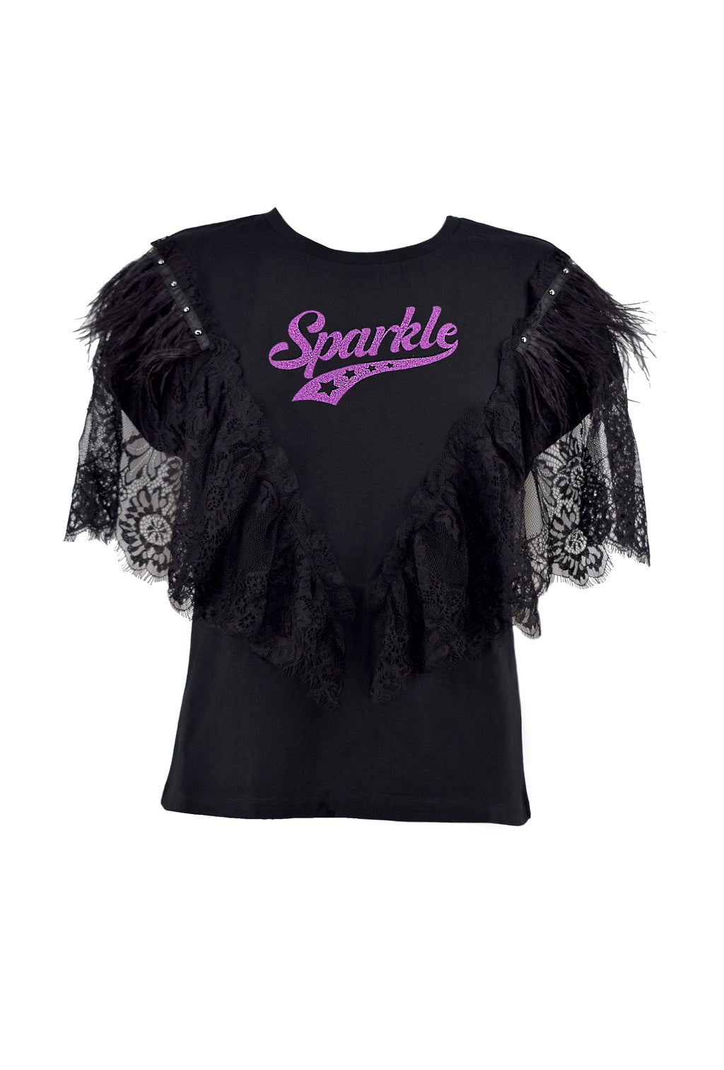 SPARKLE 半袖 T 恤，带蕾丝加羽毛加饰钉加闪光印花