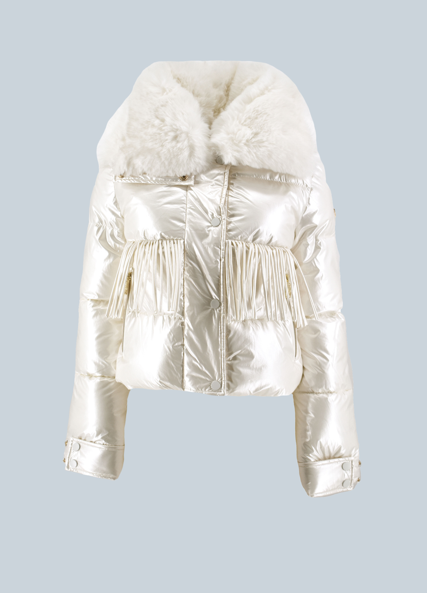 TOD 短款长袖羽绒服，带拉链加纽扣加流苏加可拆卸人造毛领。