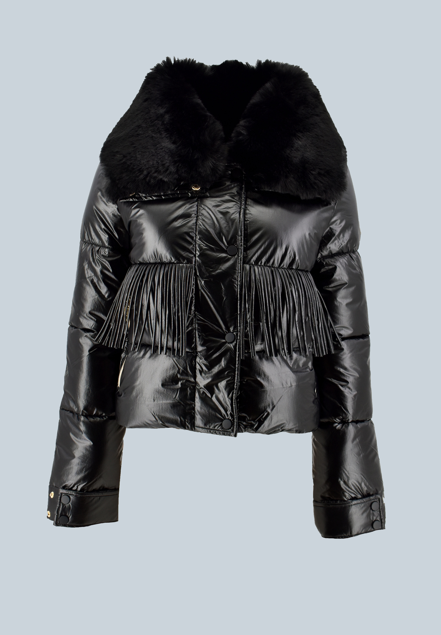 TOD 短款长袖羽绒服，带拉链加纽扣加流苏加可拆卸人造毛领。